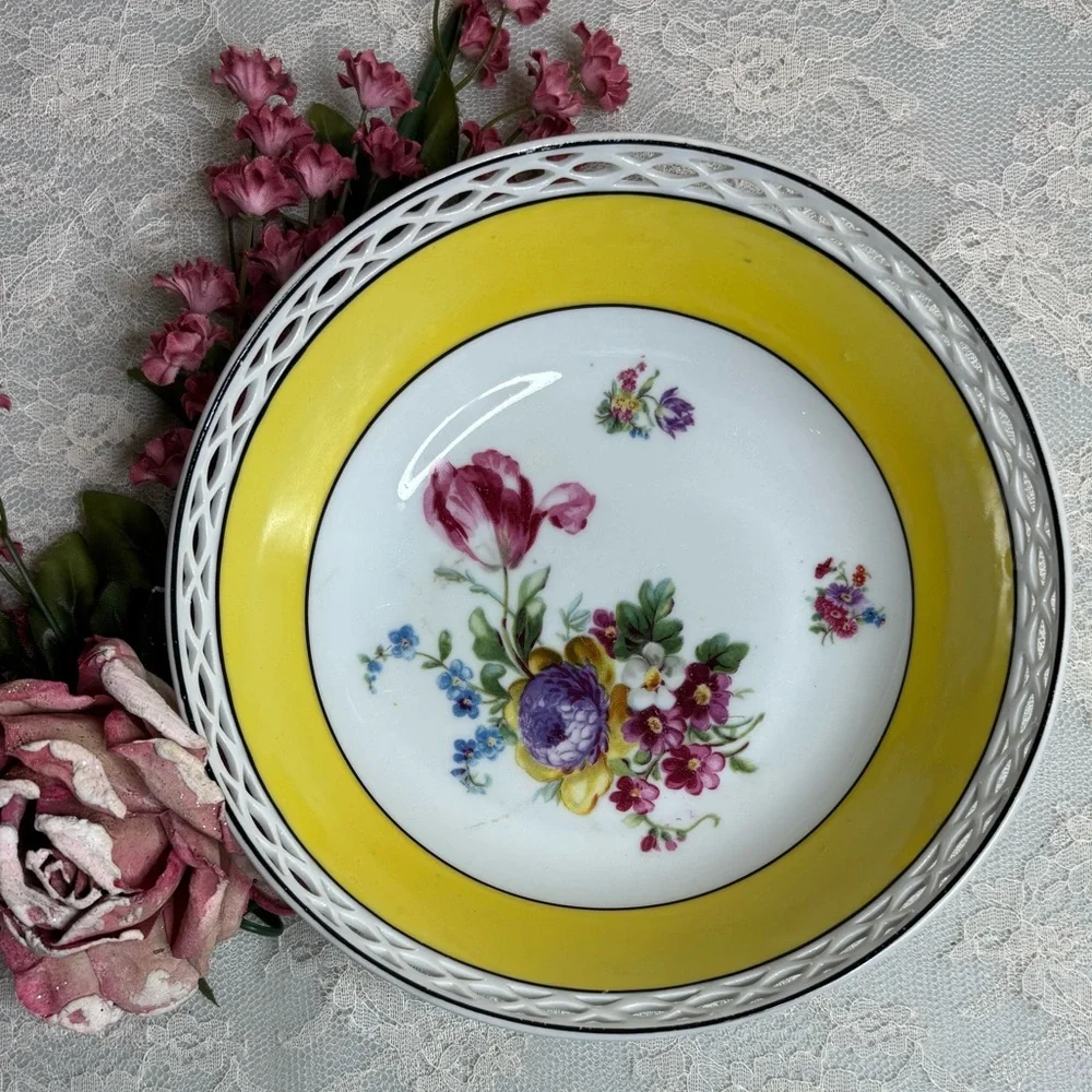 Vintage Floral Bowl Bavaria Serving Dish Cottage Rose Flower Cut Out Pink White